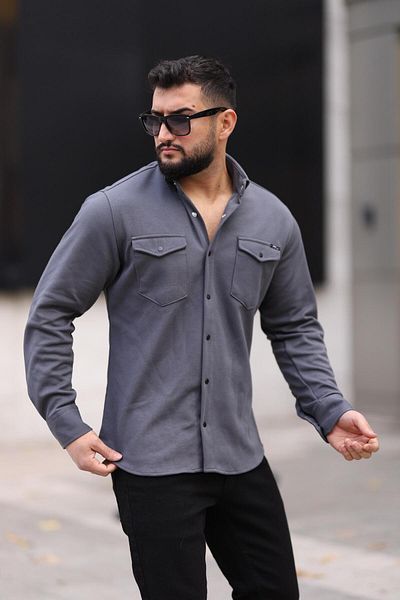 Dr Dnm Remix Ανδρικό πλεκτό πουκάμισο Smoked Slim Fit με λεπτομέρεια διπλής τσέπης