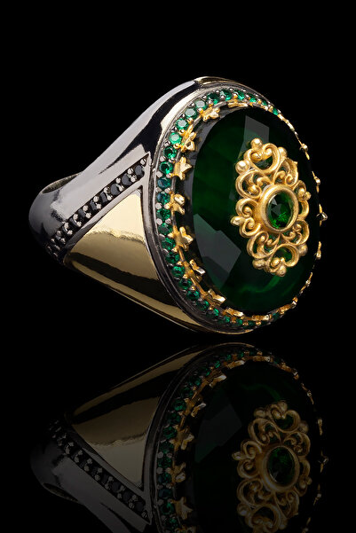 OTTOTESBİH Rodaj Kaplama Yeşil Zirkon Taşlı Yüzük Erkek Yüzük 925 Ayar Gümüş ...