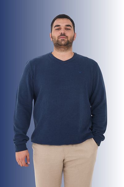 Maccali Men's Large Size V-Neck Oversized Basic Blue Sweatshirt