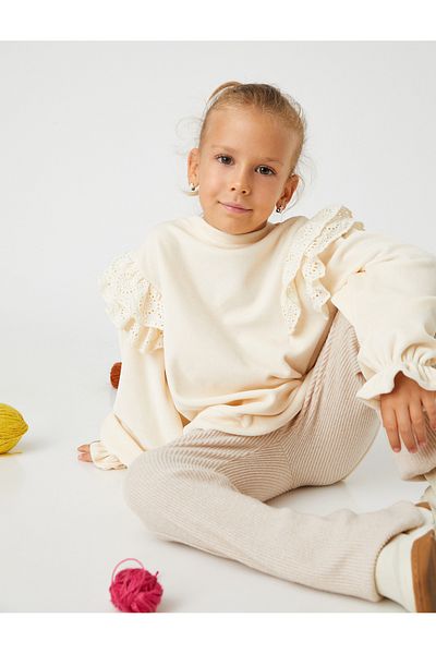 Koton Ruffled Embroidered Detailed Sweatshirt Velvet