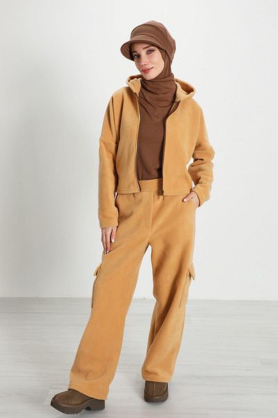 Aisha's Design Women's Crop Fleece Tracksuit Set with Zipper, Hoodie and Cargo Pocket Detail, Tk-7