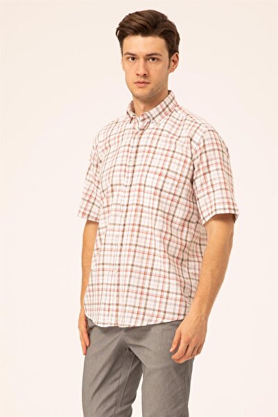 SÜVARİ Süvari Loose-Fit Red Patterned Full Cotton Men's Short Sleeve Shirt with Pockets