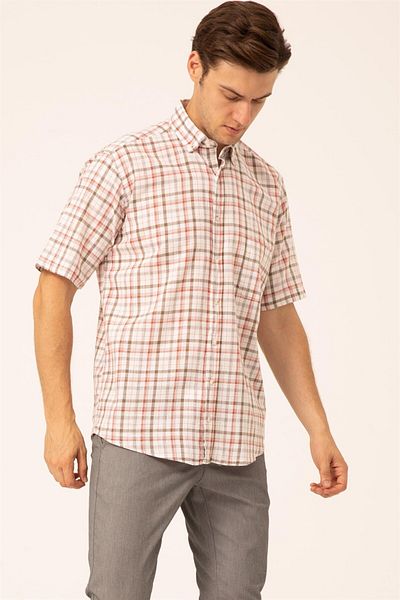 SÜVARİ Süvari Loose-Fit Red Patterned Full Cotton Men's Short Sleeve Shirt with Pockets