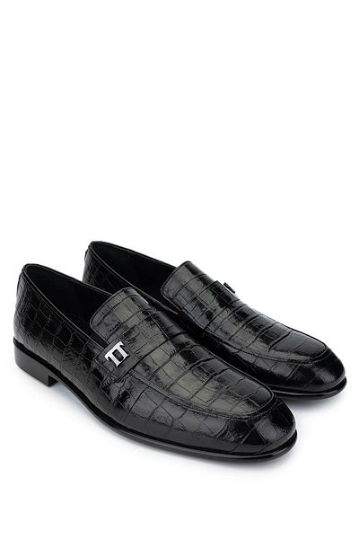 Tamer Tanca Men's Genuine Leather Black Crocodile Loafers