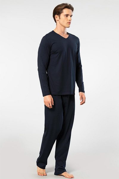 Cacharel Men's V-Neck Long Sleeve Pajamas Set - 50% Modal and 50% Cotton with Bottom Sleepwear Pockets