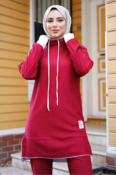 Bestenur Claret Red Nelin τουνίκ και παντελόνι σετ δύο τεμαχίων - 1283