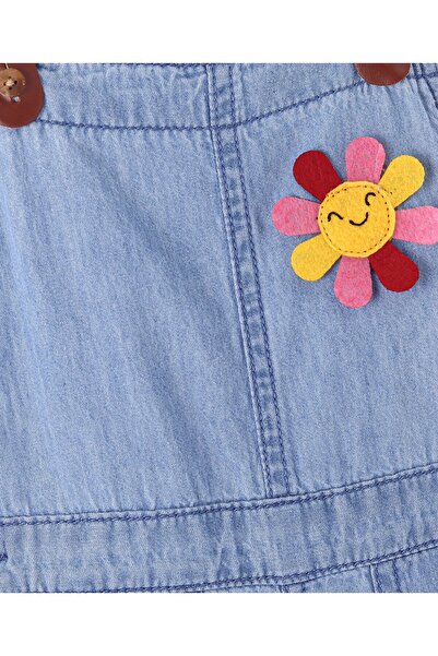 Bonfino 100% Cotton Woven Sleeveless Multi Color Strap Dungaree with Floral Patch - Blue