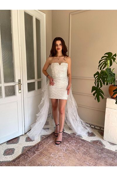 Biçanta Strapless Beading Embroidered Flounce Tailed Evening Dress Wedding Engagement Graduation