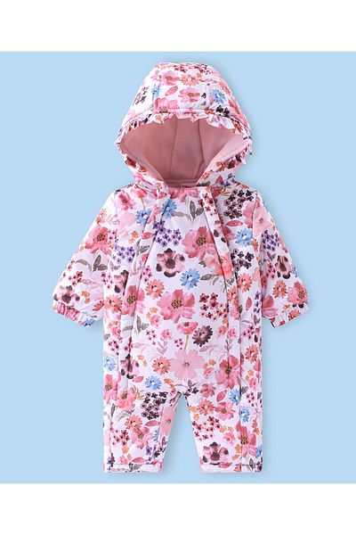 Babyhug رومبر شتوي منسوج بأكمام طويلة وغطاء رأس بطبعة زهور - متعدد الألوان