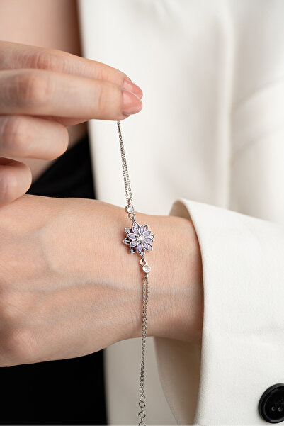 Silvano Jewelry 925 Ayar Gümüş Mor Taşlı Lotus Bileklik