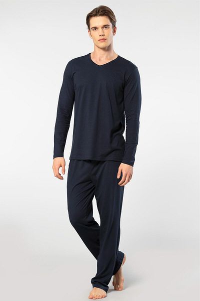 Cacharel Men's V-Neck Long Sleeve Pajamas Set - 50% Modal and 50% Cotton with Bottom Sleepwear Pockets