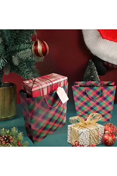 roco paper İpli Karton Hediye Çantası, Kırmızı Ekose Desenli Alışveriş Poşeti, 10 Adet, 25x30x9 Cm