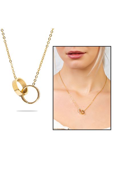Tesbihane Double Wedding Ring Design Gold Color Steel Women's Necklace