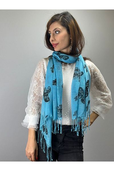 Gönülden Tasarım EșARFĂ DE FEMEI ALBASTRU CU MODEL FLUTURE 160X65 CM