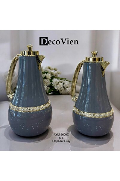 decovien Lüks Termos 2'li Set Antrasit Gri Gold Detaylı