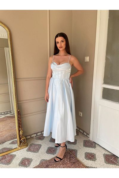 Biçanta Organza Satin Midi Μήκος Φόρεμα με λουράκι Γάμος Αρραβώνας Αποφοίτηση