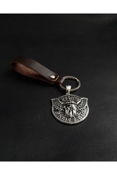 BSN Store سلسلة مفاتيح من الجلد الطبيعي باللون البني مع أشكال أودينس من الأساطير الاسكندنافية