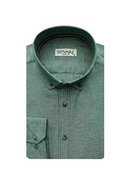 SÜVARİ Cămașă verde Oxford cu mânecă lungă, fără buzunare, Süvari croială largă