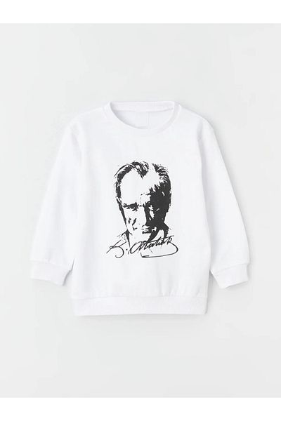 neocotton Унисекс суитшърт с дълъг ръкав, кръгло деколте и щампа на Ататюрк с повдигнат вътрешен маншет