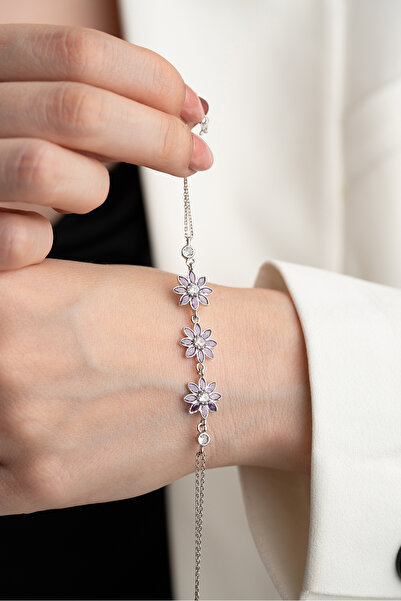 Silvano Jewelry 925 Ayar Gümüş Mor Taşlı 3'lü Lotus Bileklik