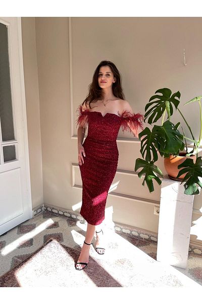 Seri Otrişli Low Sleeve Beading Embroidered Midi Evening Dress Wedding Engagement Graduation