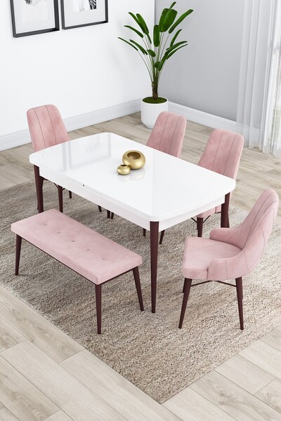 Canisa Kar Serisi 80x132 Açılabilir Ceviz Ayaklı Beyaz Mdf Mutfak Masası Takı...