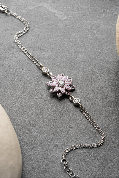 Silvano Jewelry 925 Ayar Gümüş Pembe Taşlı Lotus Bileklik
