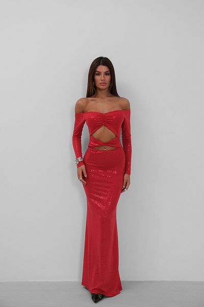 Black Fashion Low-Shoulder Low-Cut Maxi Red Dress
