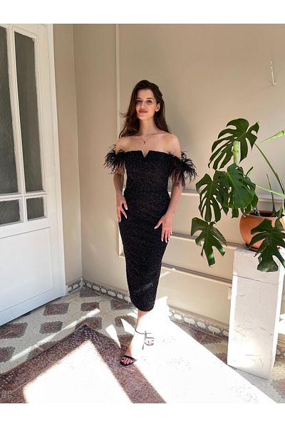 Seri Otrişli Low Sleeve Beading Embroidered Midi Evening Dress Wedding Engagement Graduation
