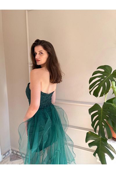Seri Strapless Beading Embroidered Flounce Tailed Evening Dress Wedding Engagement Graduation