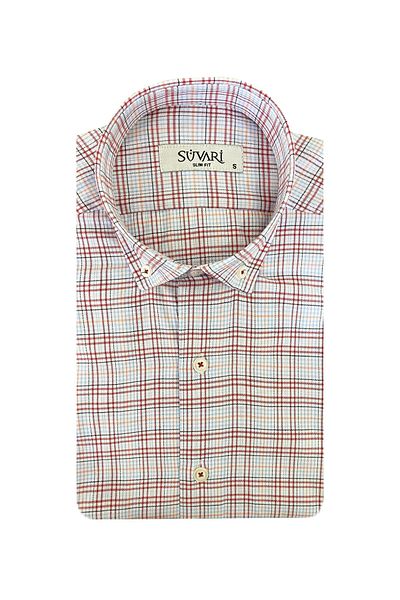 SÜVARİ Ανδρικό πουκάμισο με κοντό μανίκι Cavalier Slim Fit με κόκκινο σχέδιο