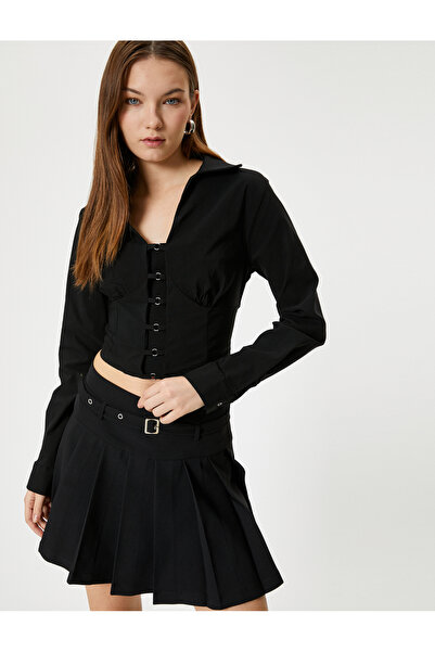 Koton Crop-Bluse, langärmliges Slim-Fit-Hemd mit Metall-Accessoire-Detail am ...