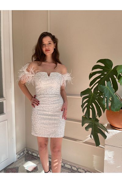 Biçanta Otrişli Low Sleeve Beading Embroidered Mini Evening Dress Wedding Engagement Graduation