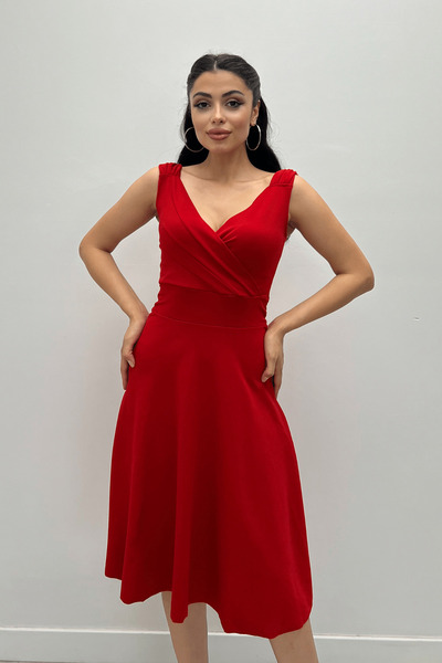 giyimmasalı Kruvaze Yaka Askılı Elbise - Kırmızı