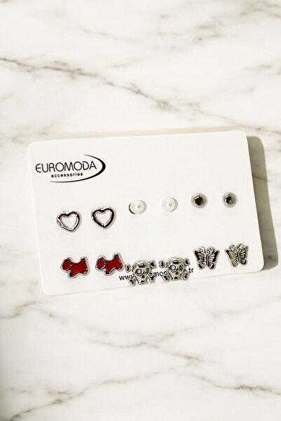 EUROMODA Kalp Köpek Kuru Kafa Tasarımllı Top ve İnci Küpeli 6lı Küpe Seti