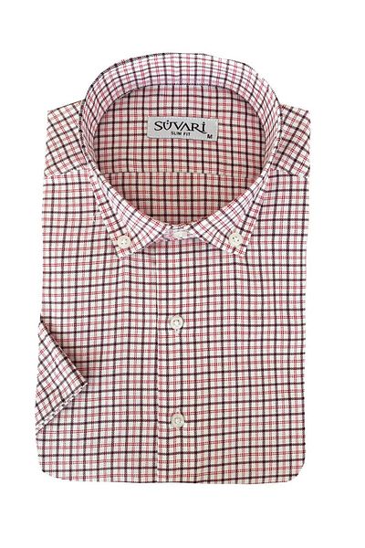 SÜVARİ Red Striped Cavalry Slim Fit Short Sleeve Shirt