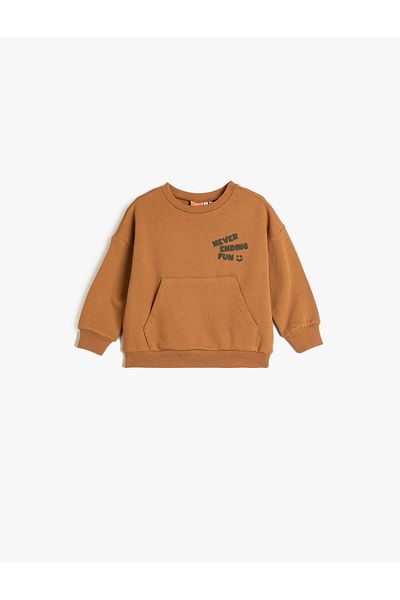 Koton Sweatshirt Crew Neck Long Sleeve Kangaroo Pocket Printed Raised Cotton