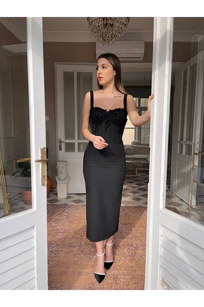Seri Strap Applique Top Crystal Beading Embroidery Detail Pencil Evening Dress Wedding Engagement Graduation