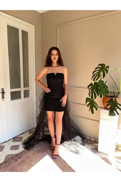 Seri Strapless Beading Embroidered Flounce Tailed Evening Dress Wedding Engagement Graduation