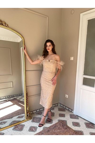 Seri Otrişli Low Sleeve Beading Embroidered Midi Evening Dress Wedding Engagement Graduation
