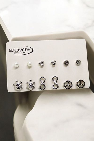 EUROMODA Set of 6 Earrings with Turtle Infinity and Peace Symbol Design Ball and Pearl Earrings