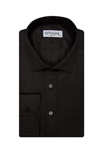SÜVARİ Süvari Slim Fit Armürlü Siyah Erkek Gömlek