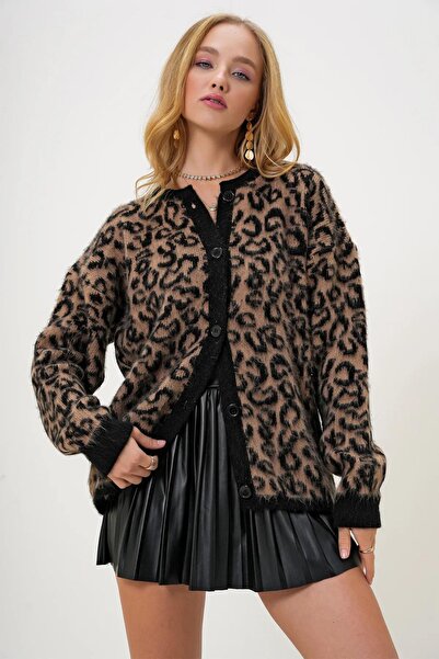 Deafox Brown Leopard Print Crew Neck Wool Knitwear Cardigan