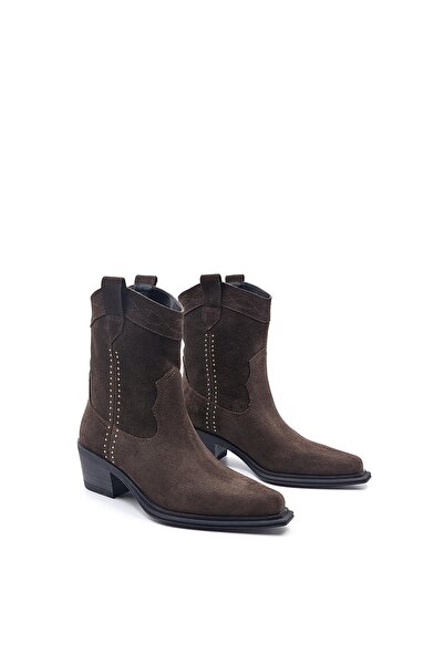 Sovenso Hakiki Süet Deri Kadın Kahverengi Vestern Kovboy Bot