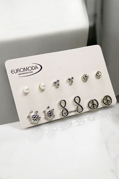 EUROMODA Set of 6 Earrings with Turtle Infinity and Peace Symbol Design Ball and Pearl Earrings