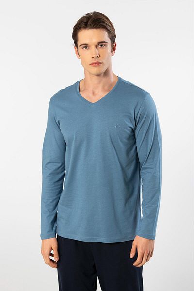 Cacharel Men's V-Neck Long Sleeve Pajamas Set - 50% Modal and 50% Cotton with Bottom Sleepwear Pockets