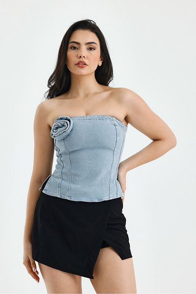 soBasic Bluză fără bretele din denim cu detaliu trandafir și fante-32 - albastru