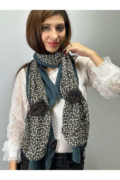 Gönülden Tasarım Tricotaj cu modele florale Mashallah Esarfa de dama din sifon - 180x25 cm Albastru