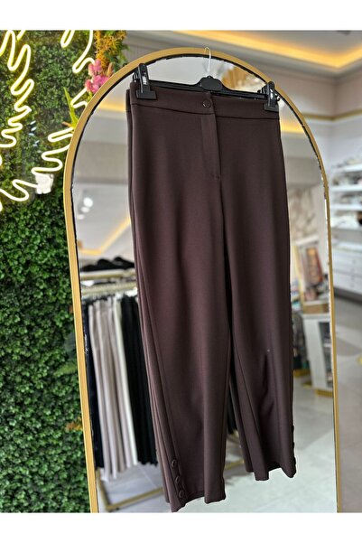 Yusuf Özdemir Kadın Boru Paçası Düğmeli Kahve Kumaş Pantolon