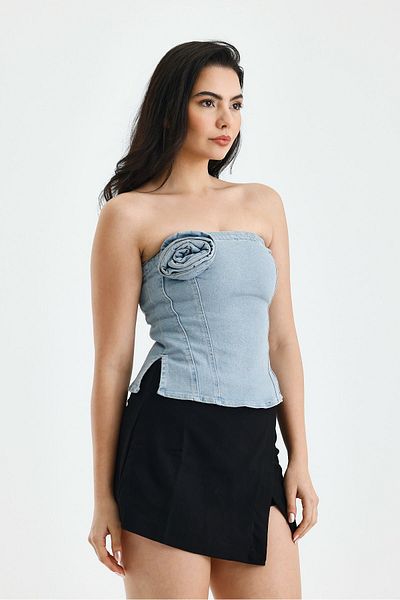 soBasic Bluză fără bretele din denim cu detaliu trandafir și fante-32 - albastru